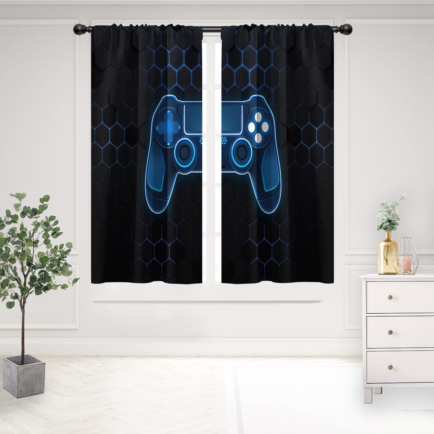 Office Tech Room - Luxuriöse PS-Controller Gaming-Vorhänge Blaue Neon-Tech Fenstervorhänge